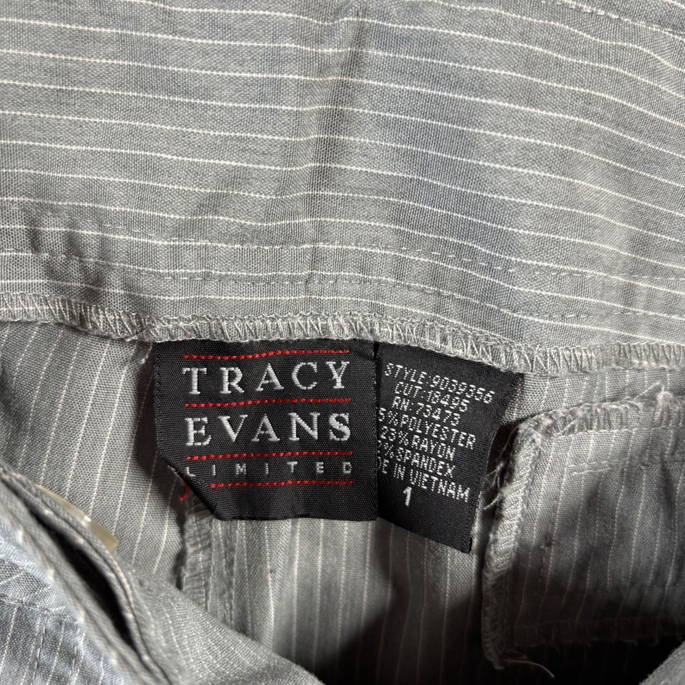 VTG Tracy Evans Pinstripe Y2K Dress Pants Women Sz 1 Gray Flare Leg Low Rise - Picture 3 of 7